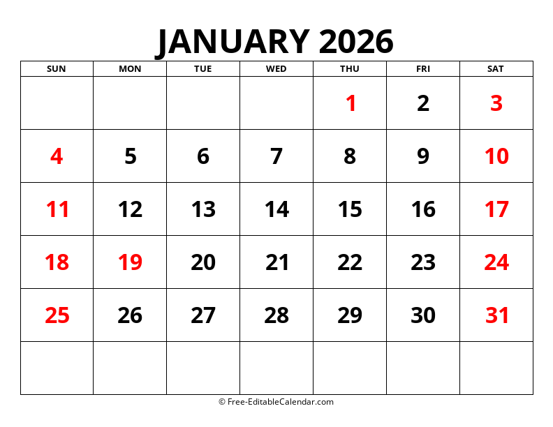 Fillable Calendar January 2026