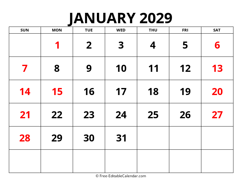 Fillable Calendar January 2029