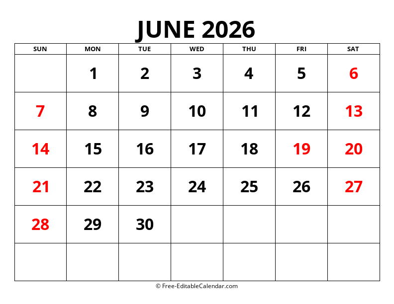 Fillable Calendar June 2026