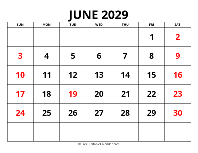Fillable Calendar June 2029
