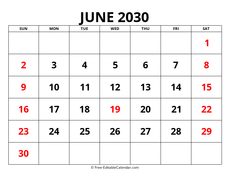 Fillable Calendar June 2030