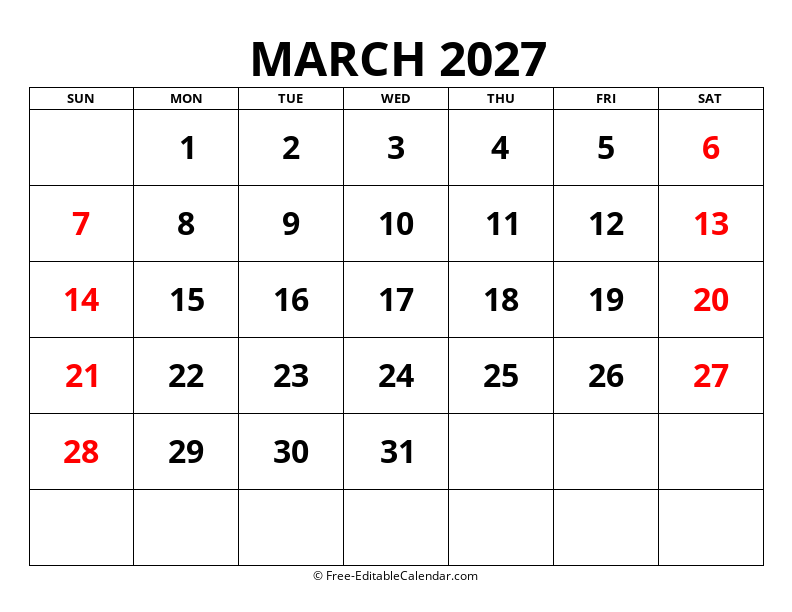 Fillable Calendar March 2027