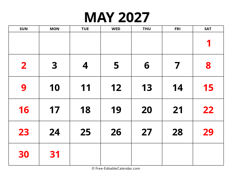 Fillable Calendar May 2027
