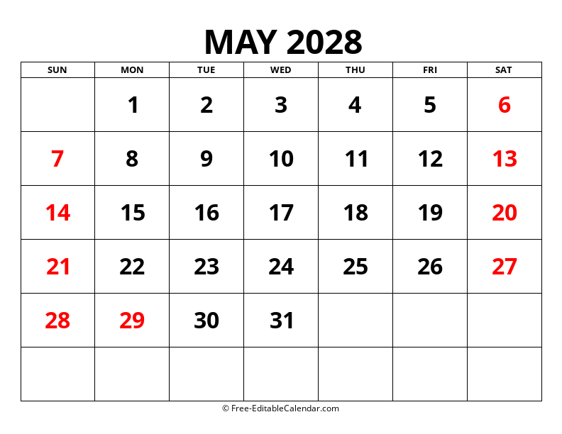 Fillable Calendar May 2028