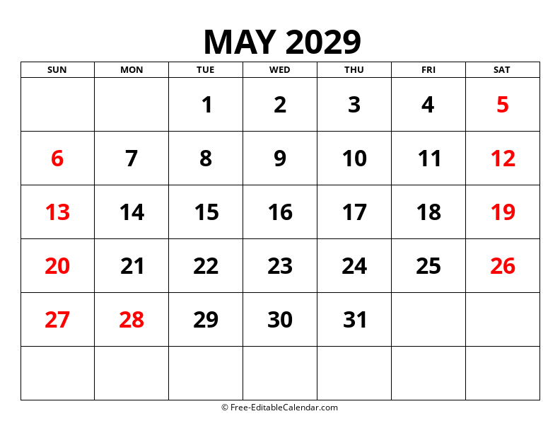 Fillable Calendar May 2029