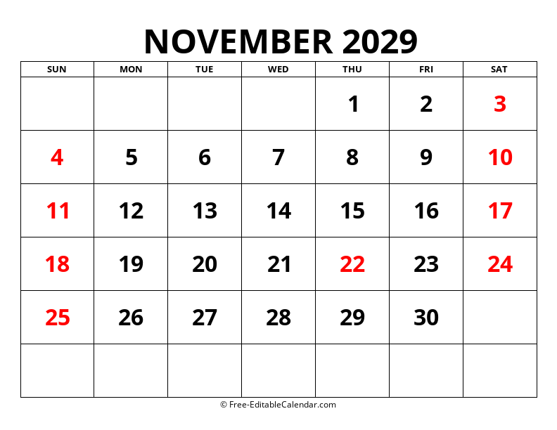 Fillable Calendar November 2029