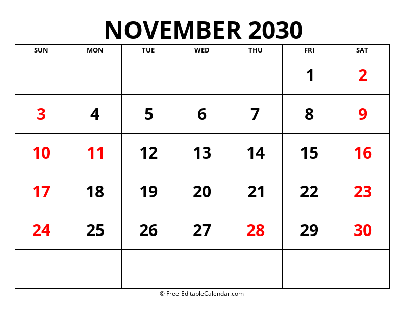 Fillable Calendar November 2030