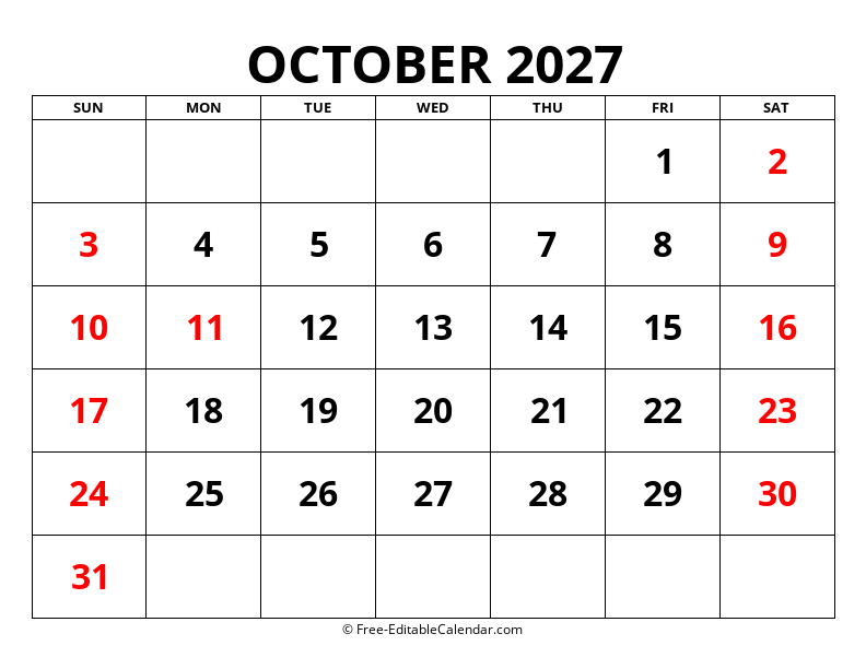 Fillable Calendar October 2027