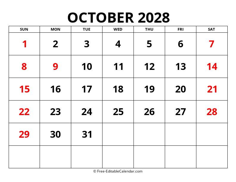 Fillable Calendar October 2028