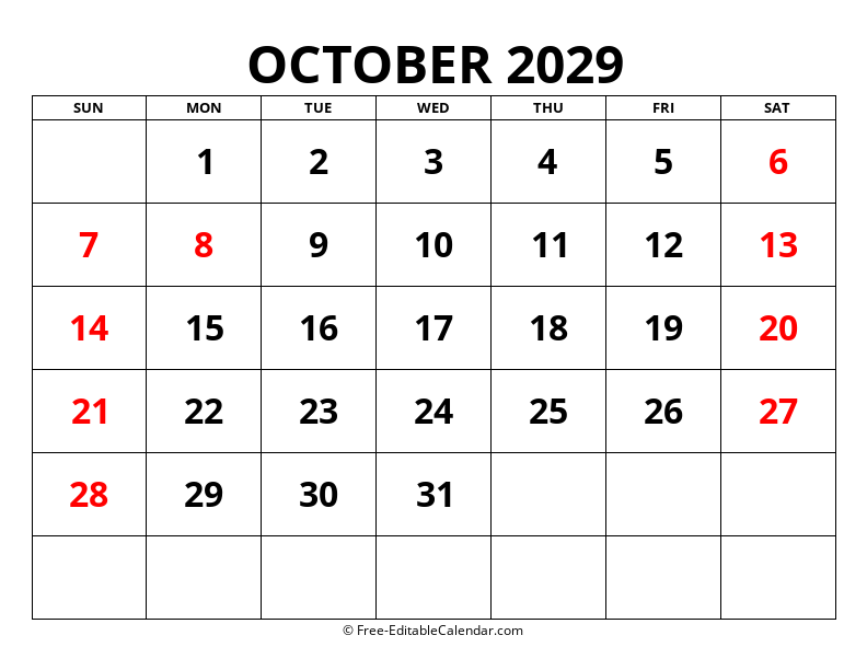 Fillable Calendar October 2029