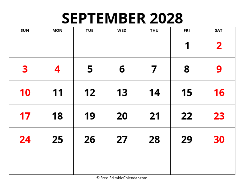 Fillable Calendar September 2028