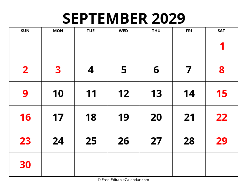 Fillable Calendar September 2029