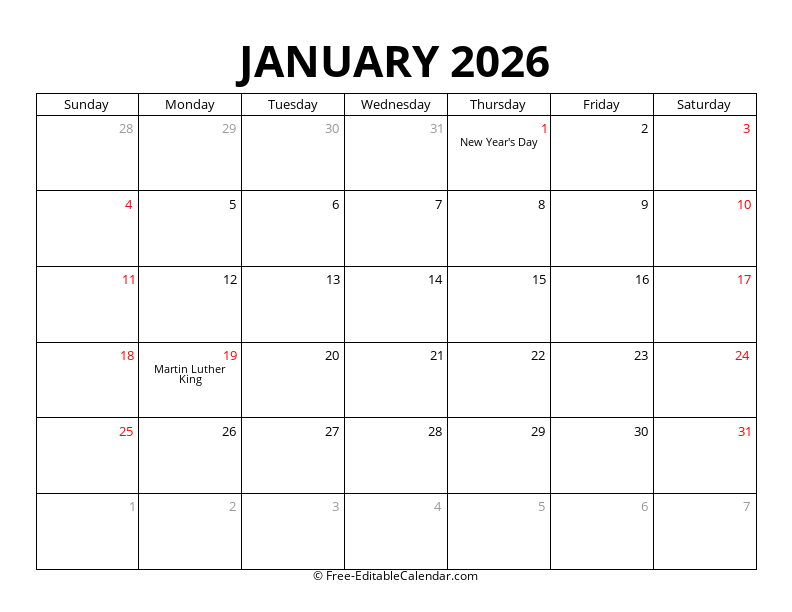January 2026 Calendar with Holidays