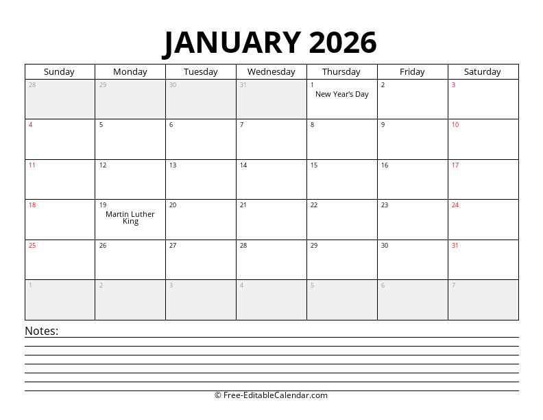January 2026 Calendar with Notes