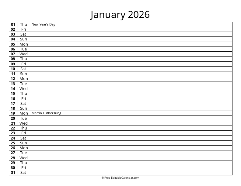 January 2026 Daily List Calendar
