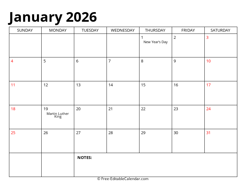 January 2026 Editable Calendar