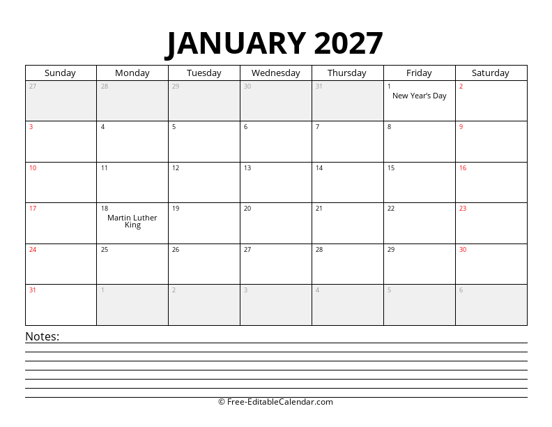 January 2027 Calendar with Notes