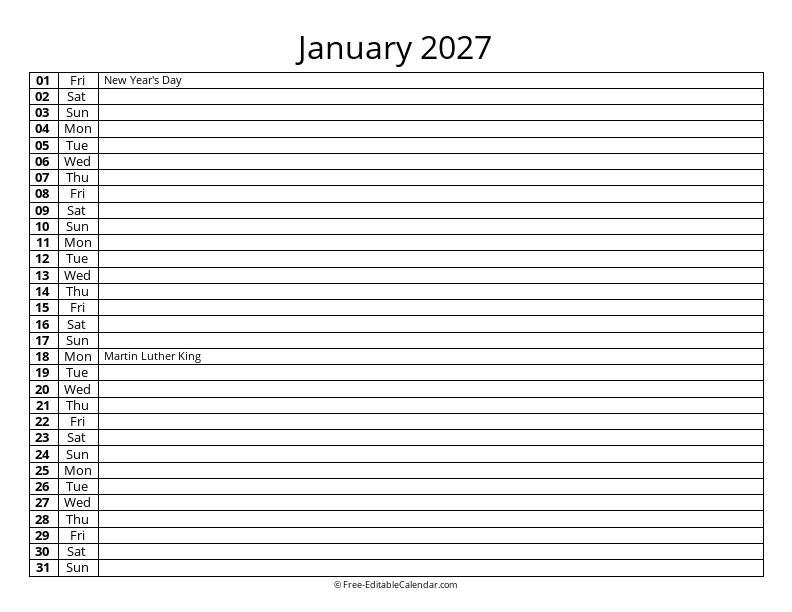 January 2027 Daily List Calendar