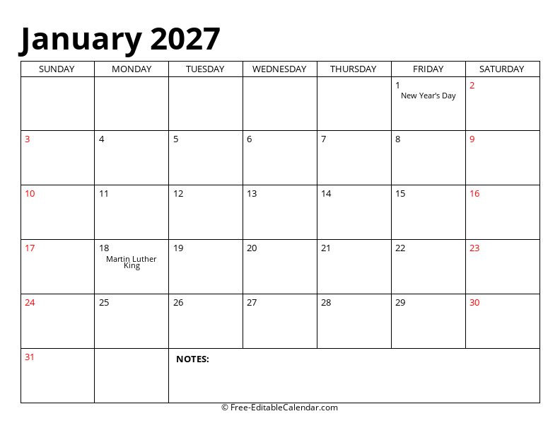January 2027 Editable Calendar