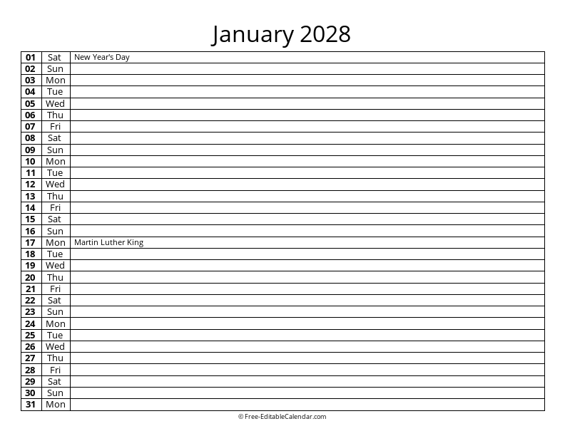 January 2028 Daily List Calendar