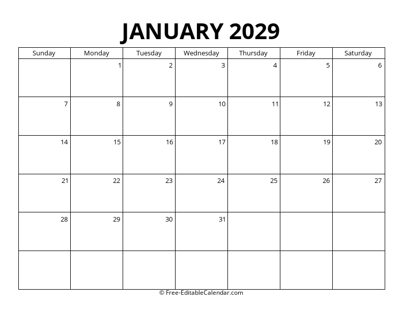 January 2029 Blank Calendar