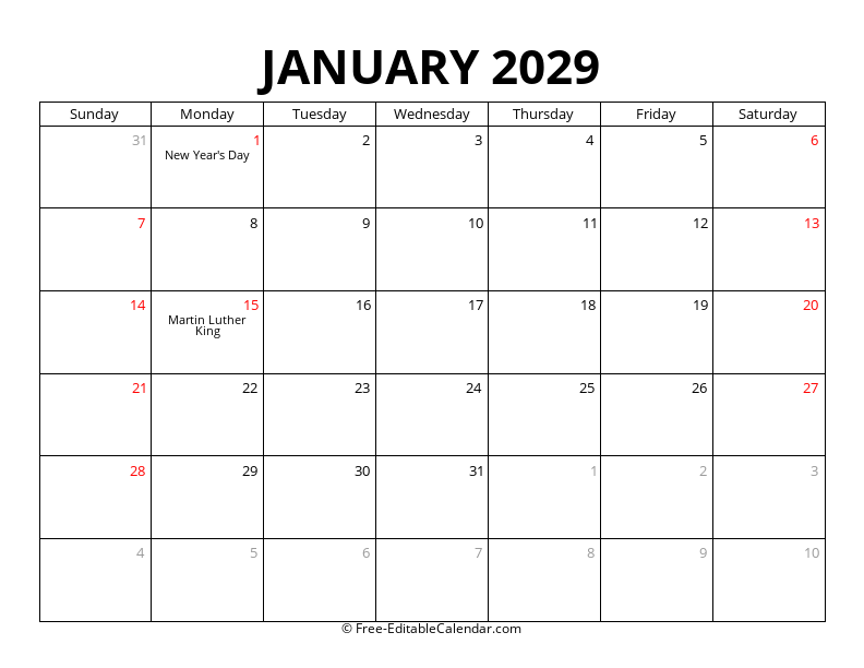 January 2029 Calendar with Holidays