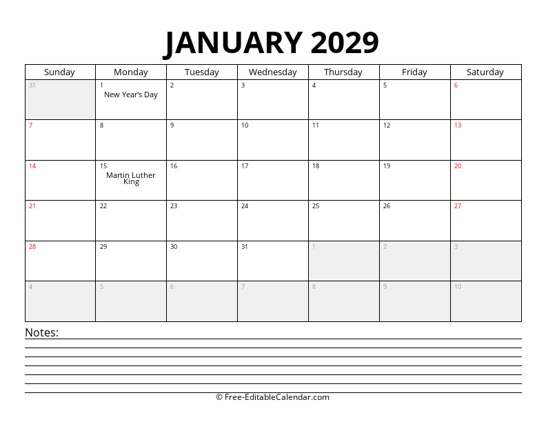 January 2029 Calendar with Notes