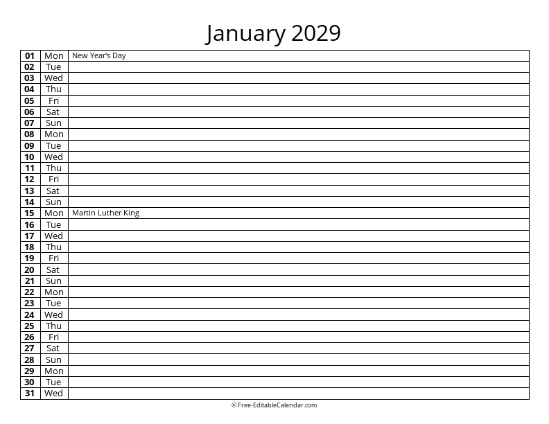 January 2029 Daily List Calendar