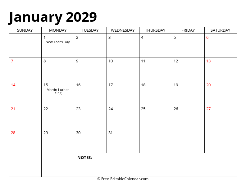 January 2029 Editable Calendar