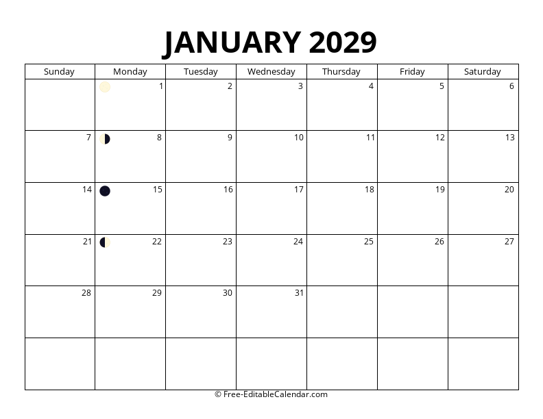 January 2029 Moon Phase Calendar