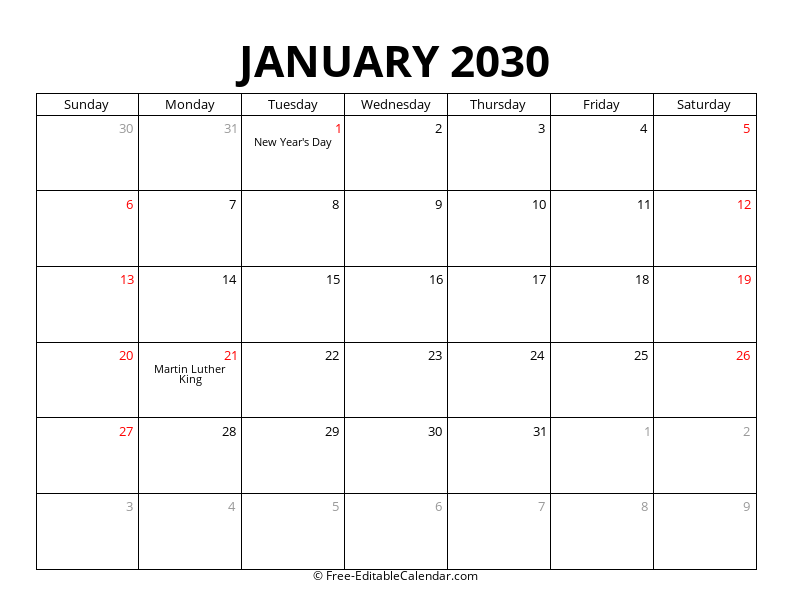 January 2030 Calendar with Holidays