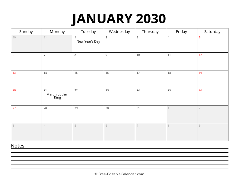 January 2030 Calendar with Notes