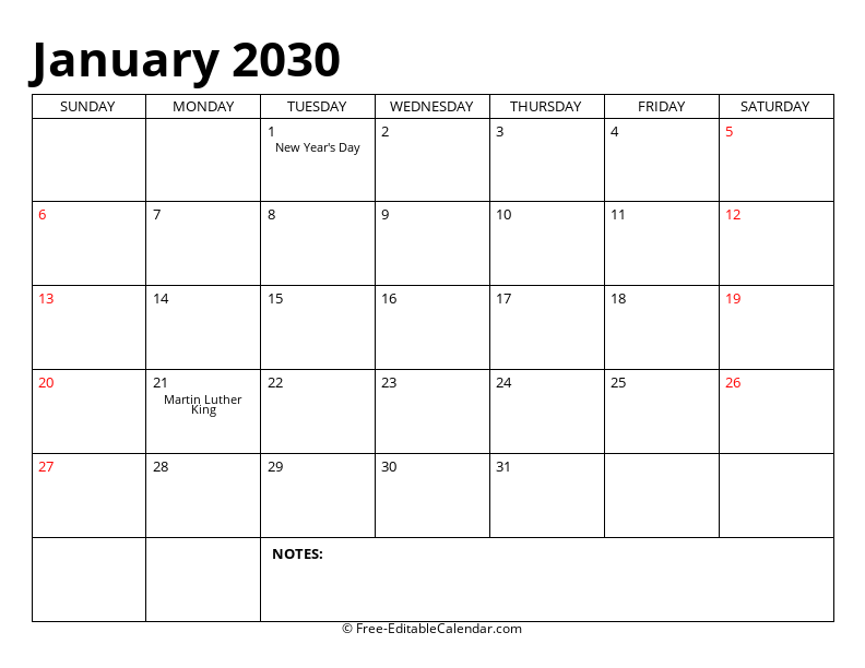 January 2030 Editable Calendar