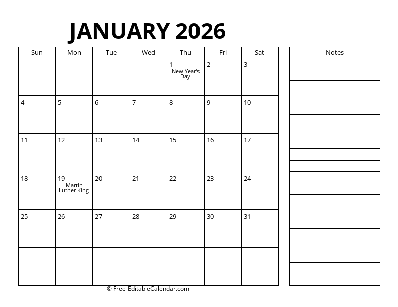 January Calendar 2026 with right notes