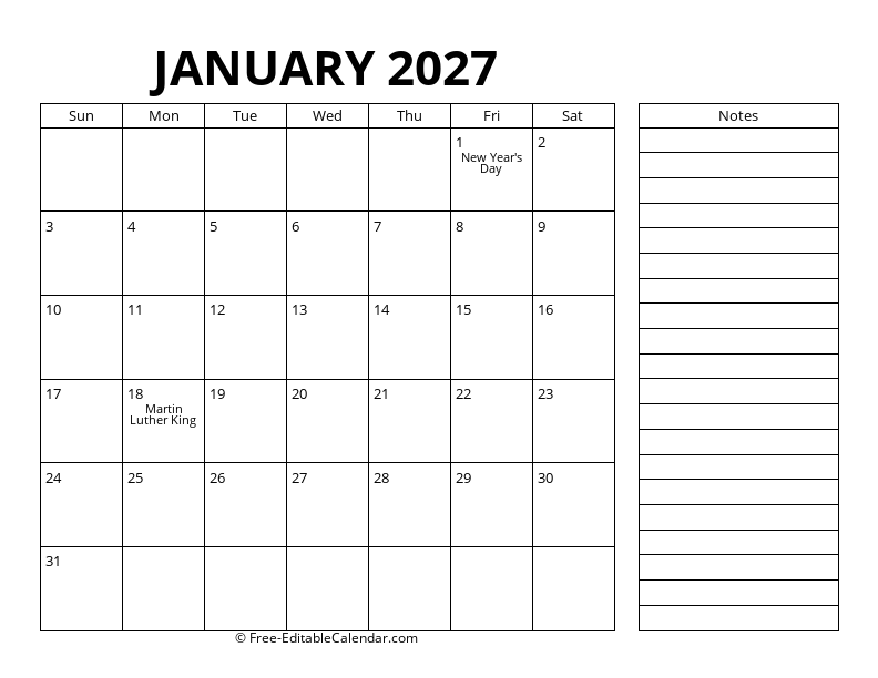January Calendar 2027 with right notes