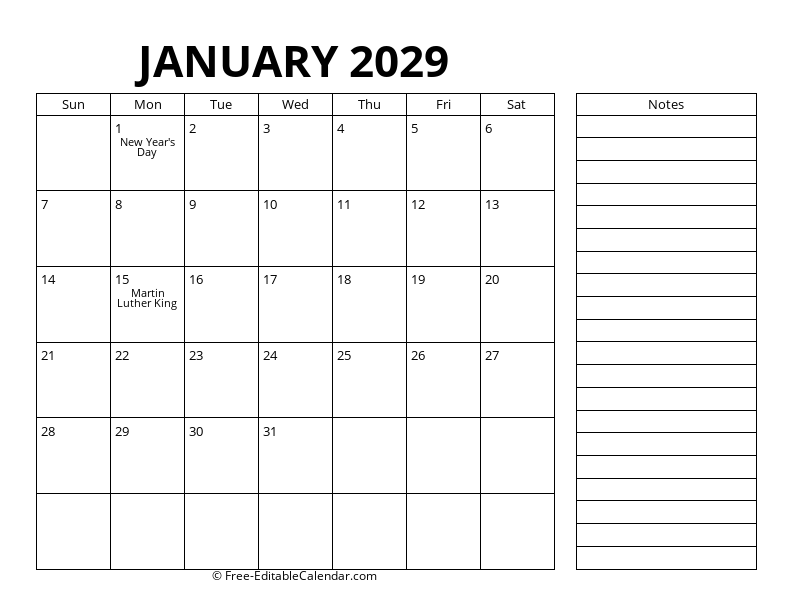 January Calendar 2029 with right notes