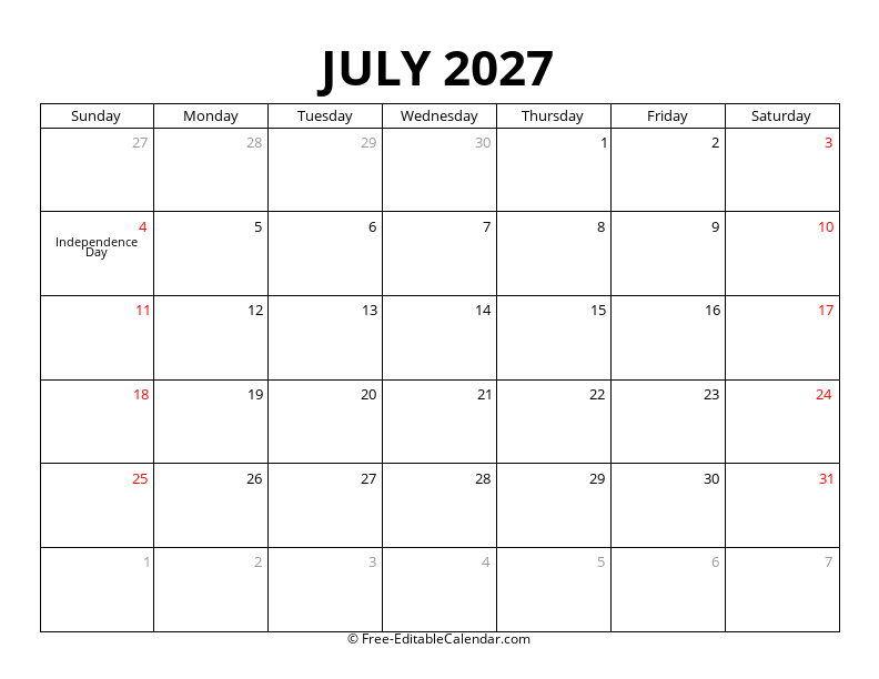 July 2027 Calendar with Holidays