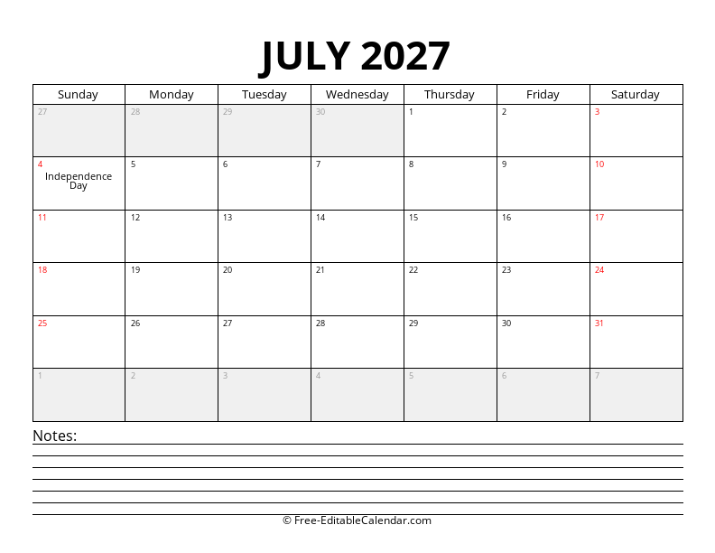 July 2027 Calendar with Notes