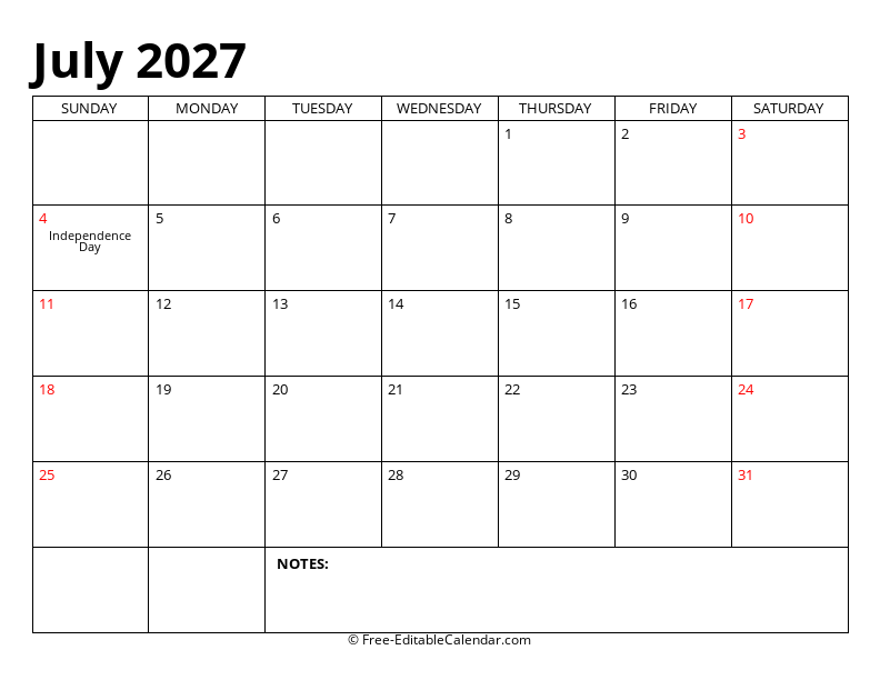 July 2027 Editable Calendar