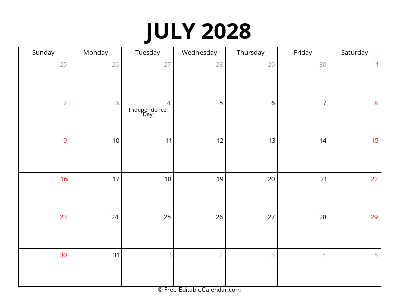 July 2028 Calendar with Holidays