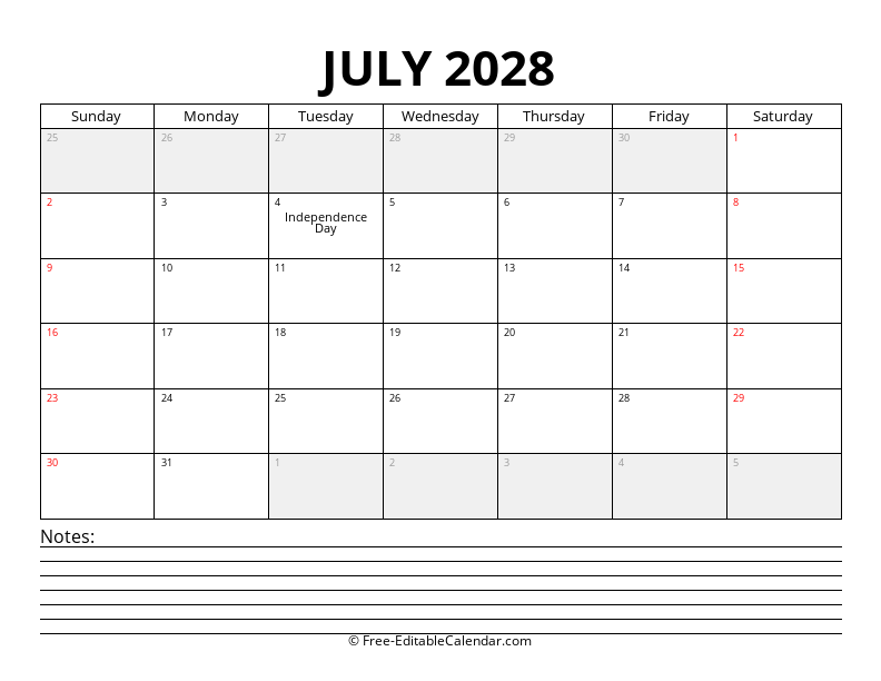 July 2028 Calendar with Notes