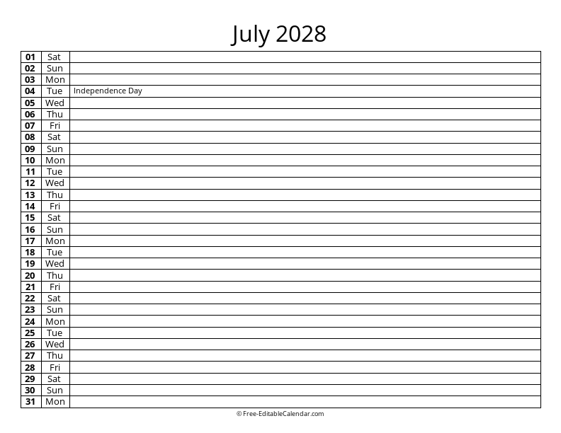 July 2028 Daily List Calendar