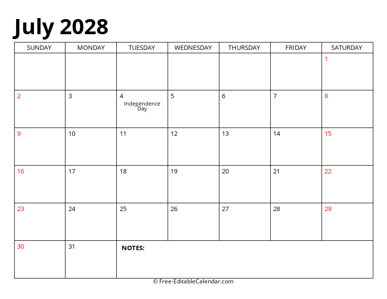 July 2028 Editable Calendar