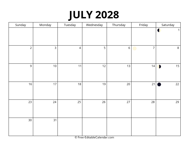 July 2028 Moon Phase Calendar