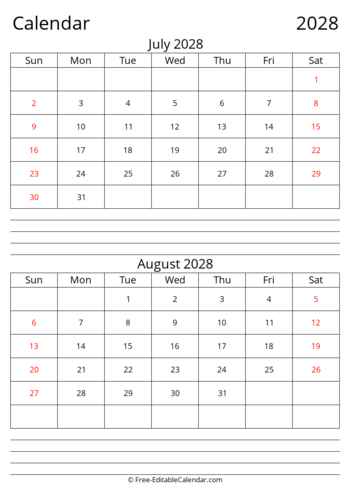 July August 2028 calendar with Notes
