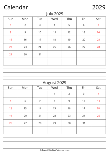 July August 2029 calendar with Notes