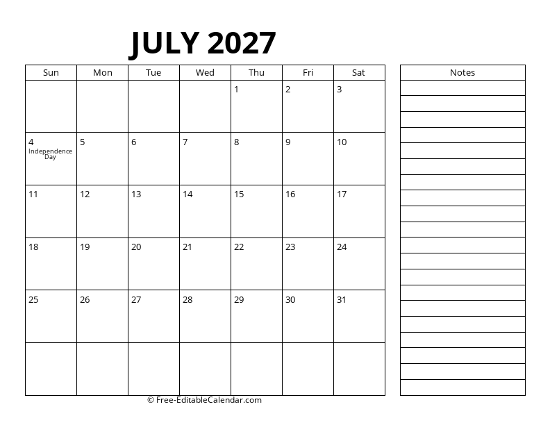 July Calendar 2027 with right notes