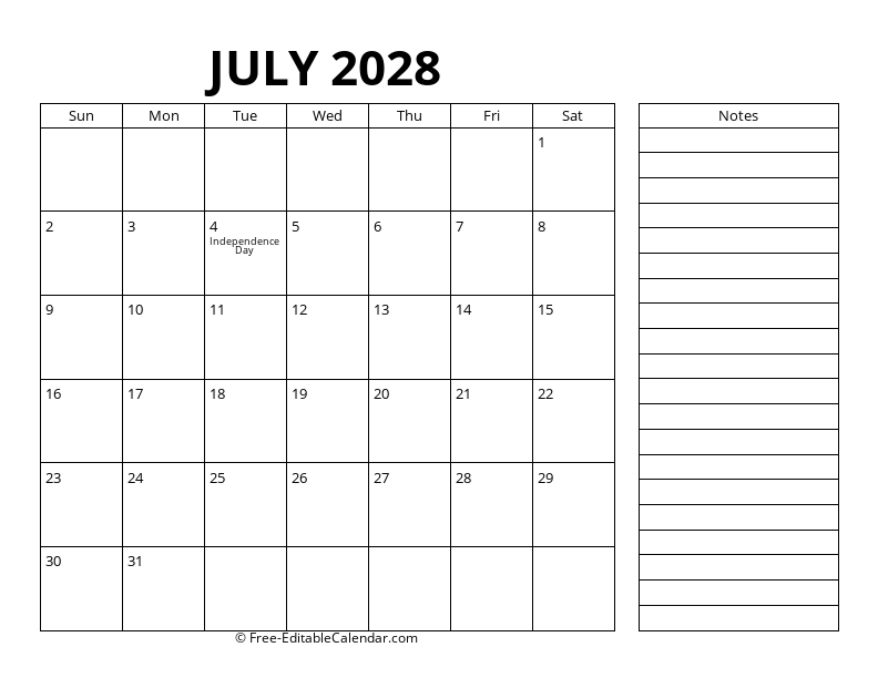 July Calendar 2028 with right notes