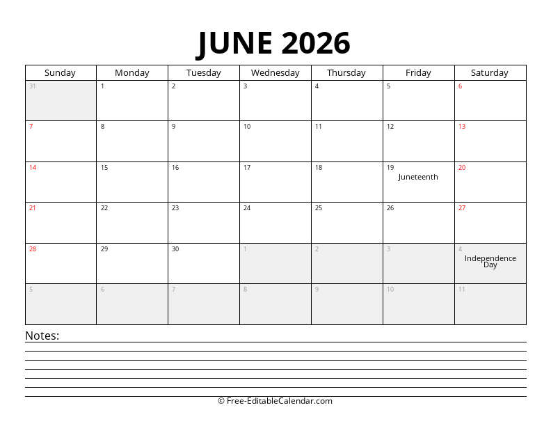 June 2026 Calendar with Notes