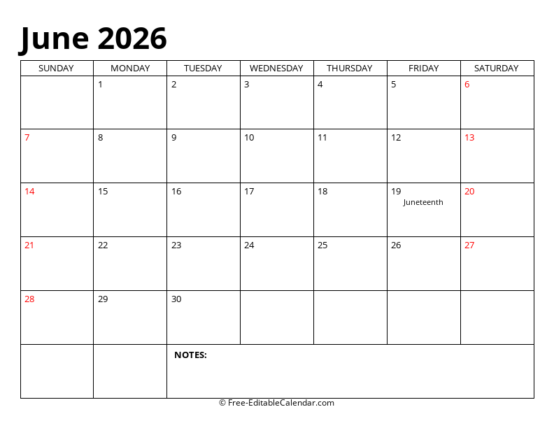 June 2026 Editable Calendar